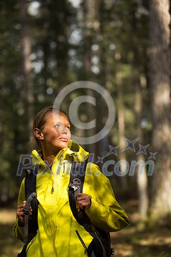 Pretty, young female hiker walking through a splendid old pine forest (shallow DOF)