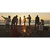 Happy Carefree Young Friends Having Fun And Drinking Beer By Bonefire On The Beach As The Sun Begins To Set