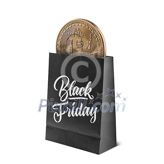Gold coin bitcoin in black in a package with a caligraphic text Black Friday on it isolated on a white background. The concept of the fall of the crypto currency market and sale of coins