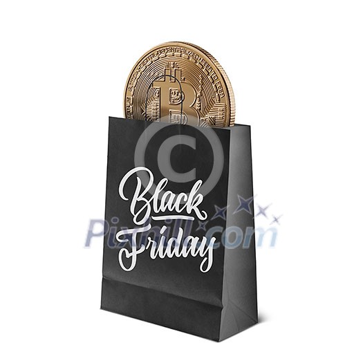 Gold coin bitcoin in black in a package with a caligraphic text Black Friday on it isolated on a white background. The concept of the fall of the crypto currency market and sale of coins Gold coin bitcoin in black in a package with a caligraphic text Black Friday on it isolated on a white background. The concept of the fall of the crypto currency market and sale of coins