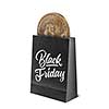 Gold coin bitcoin in black in a package with a caligraphic text Black Friday on it isolated on a white background. The concept of the fall of the crypto currency market and sale of coins