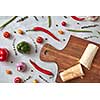 Burrito with vegetables cut in half on a wooden board. Step-by-step recipe for cooking. Top view, flat lay.