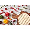 Fresh vegetables and tortilla on a wooden board, the stage of cooking burrito. Step-by-step recipe. Top view, flat lay.