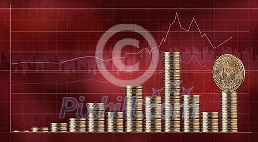 Stacks of crypto currency, gold coins bitcoin. Annual graph of bitcoin cryptocurrency data analyzing in exchange stock market. Analytics price change on a red background, can be used for video or site cover Stacks of crypto currency, gold coins bitcoin. Annual graph of bitcoin cryptocurrency data analyzing in exchange stock market. Analytics price change on a red background, can be used for video or site cover