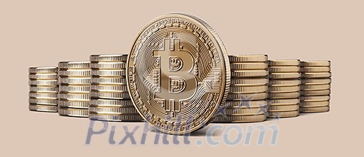 Cryptocurrency physical gold bitcoin coin and Stacks of bitcoins standing against a beige background. Cryptocurrency and blockchain trading concept. Can be used for video or site cover