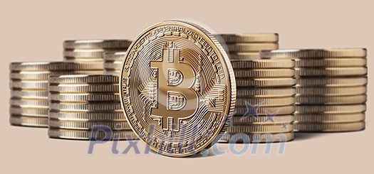 Single bitcoin coin or icon standing in front of stacks of coins on a beige background. Cryptocurrency and blockchain concept, can be used for video or site cover Single bitcoin coin or icon standing in front of stacks of coins on a beige background. Cryptocurrency and blockchain concept, can be used for video or site cover