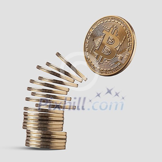 Gold coin bitcoin, springs from coins jumping on a gray background. Cryptocurrency and blockchain trading concept. Volatile currency marketCryptocurrency and blockchain trading concept. Volatile currency market