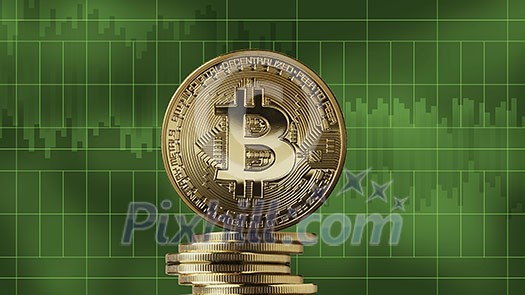 Stack of gold coins bitcoin on a green market charts background. Cryptocurrency and blockchain trading concept. Growth of the crypto currency, can be used for video or site cover or good news Stack of gold coins bitcoin on a green market charts background. Cryptocurrency and blockchain trading concept. Growth of the crypto currency, can be used for video or site cover or good news