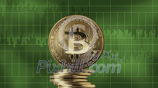 Stack of gold coins bitcoin on a green market charts background. Cryptocurrency and blockchain trading concept. Growth of the crypto currency, can be used for video or site cover or good news