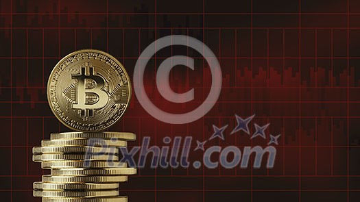 Stack of gold coins bitcoin on a red market charts background. The fall of the crypto currency, bad news. cryptocurrency and blockchain concept, can be used for video or site cover or news