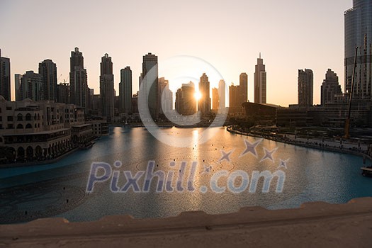 DUBAI UAE 31 JANUARY 2017 famous musical fountain in Dubai with skyscrapers in the background on a beautiful summer evening DUBAI UAE 31 JANUARY 2017 famous musical fountain in Dubai with skyscrapers in the background on a beautiful summer evening