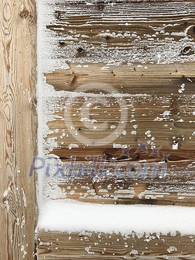 old wood wall covered with snow  vintage retro  natural outdoor  background