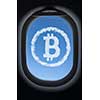 Icon bitcoin made of clouds against the blue sky in the airplane window. Travel world wide business concept.