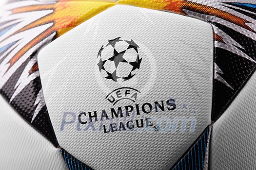 Kiev, Ukraine - February 22, 2018: Official Adidas 2018 Champions League Final Soccer ball will be used for the first time in the round of the Champions League, which will be held on May 26, 2018 in Kiev at the NSC Olympic stadium, close-up Kiev, Ukraine - February 22, 2018: Official Adidas 2018 Champions League Final Soccer ball will be used for the first time in the round of the Champions League, which will be held on May 26, 2018 in Kiev at the NSC Olympic stadium, close-up
