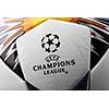 Kiev, Ukraine - February 22, 2018: Official Adidas 2018 Champions League Final Soccer ball will be used for the first time in the round of the Champions League, which will be held on May 26, 2018 in Kiev at the NSC Olympic stadium, close-up