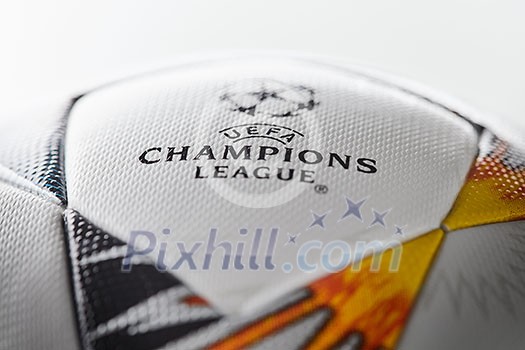 Kiev, Ukraine - February 22, 2018 : Official Ball Adidas with Ukrainian symbols for the final of the Champions League, whose design is made in the classical style, there is the inscription final of the Champions League 2017-2018 will be held in Kiev on May 26. Kiev, Ukraine - February 22, 2018 : Official Ball Adidas with Ukrainian symbols for the final of the Champions League, whose design is made in the classical style, there is the inscription final of the Champions League 2017-2018 will be held in Kiev on May 26.