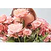 A smiling woman hides her face behind a bouquet of fragrant pink roses. St. Valentine's Day. Women's Day. Close-up,