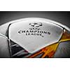 Kiev, Ukraine - February 22, 2018: The upper part of the Official Ball Adidas with Ukrainian symbols for the final of the Champions League on a gray background, there is the inscription final of the Champions League 2017-2018 will be held in Kiev on May 26.
