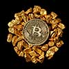 Circle from the mound of gold nuggets and from above Gold Bitcoin Coin. Bitcoin as desirable as digital gold concept. Bitcoin cryptocurrency.
