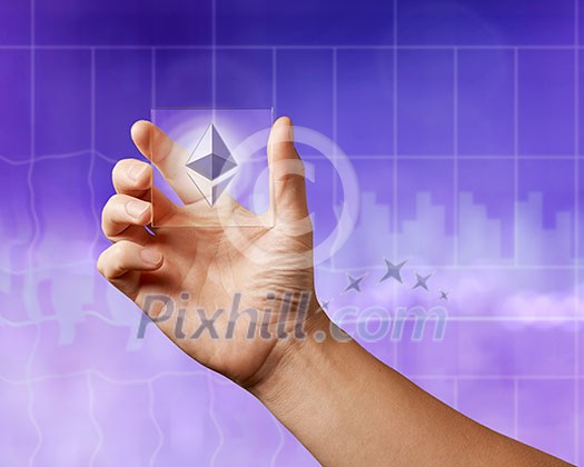 Business men holding a transparent screen with an icon of etereum on the ultraviolet background of the city. Business, Blockchain technology.