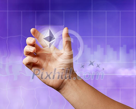 Business men holding a transparent screen with an icon of etereum on the ultraviolet background of the city. Business, Blockchain technology. Business men holding a transparent screen with an icon of etereum on the ultraviolet background of the city. Business, Blockchain technology.