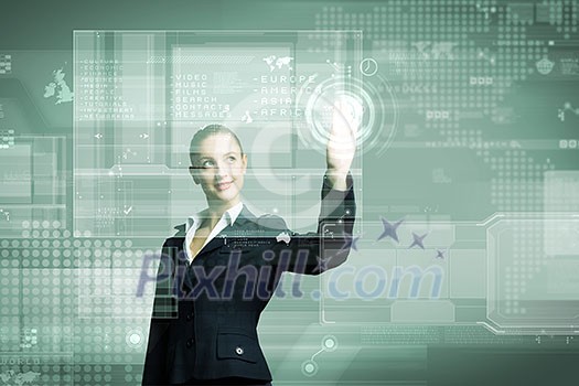 Attractive businesswoman touching icon of media screen