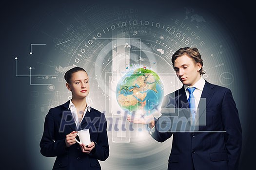 Businessman and businesswoman touching icon of digital screen. Elements of this image are furnished by NASA