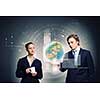Businessman and businesswoman touching icon of digital screen. Elements of this image are furnished by NASA