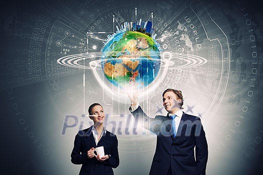 Businessman and businesswoman touching icon of digital screen. Elements of this image are furnished by NASA