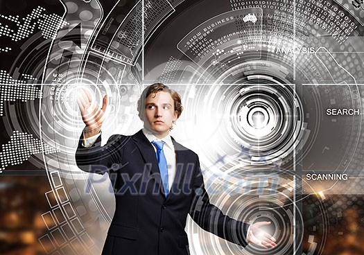 Businessman in suit touching icon of media screen Businessman in suit touching icon of media screen