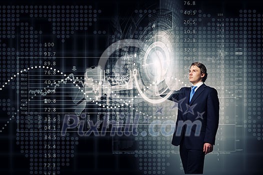 Businessman in suit touching icon of media screen Businessman in suit touching icon of media screen