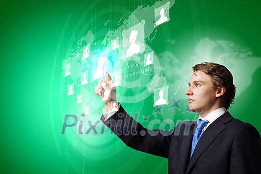 Businessman in suit touching icon of media screen Businessman in suit touching icon of media screen