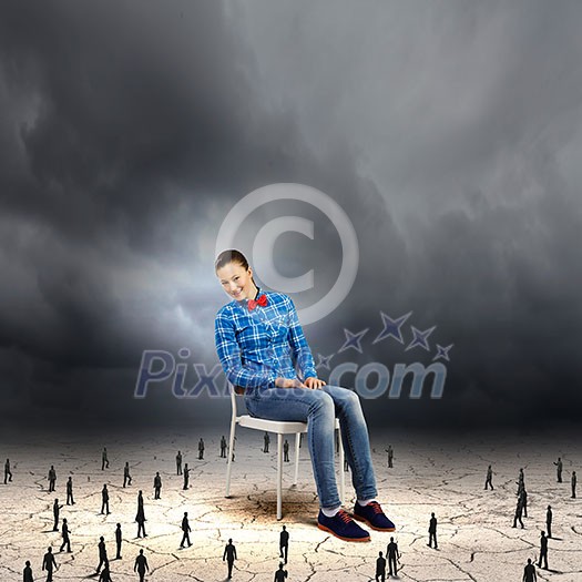 Woman in casual sitting on chair and small silhouettes of businesspeople around