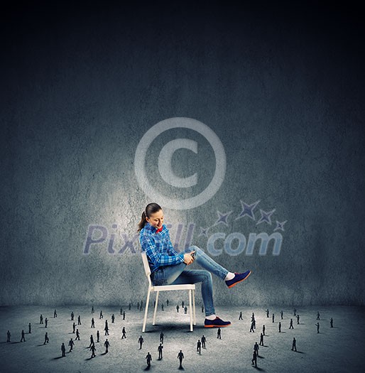Woman in casual sitting on chair and small silhouettes of businesspeople around Woman in casual sitting on chair and small silhouettes of businesspeople around