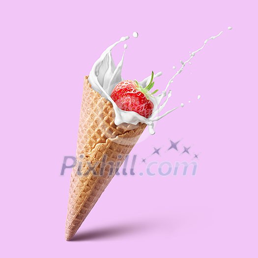 Natural refreshing fruit ice cream cone ads with splash milk and strawberrie isolated on pink. Healthy dairy product with fresh and ripe strawberry and milk splashes. Natural strawberry ice cream and summer concept