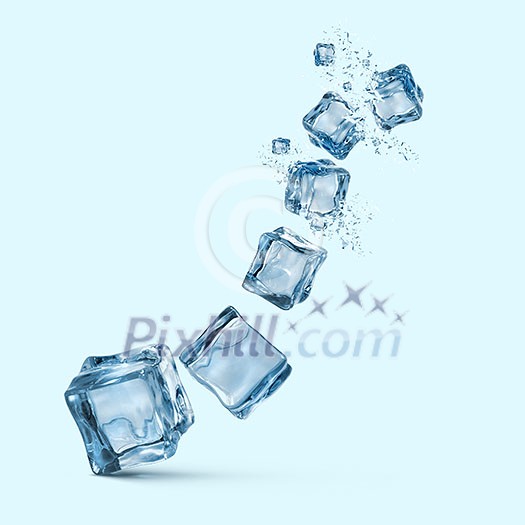 Set of six transparent ice cubes different sizes with water splash isolated on blue background