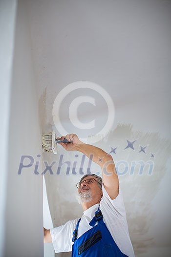 Senior painter man at work with a paint bucket, wall painting concept Senior painter man at work with a paint bucket, wall painting concept