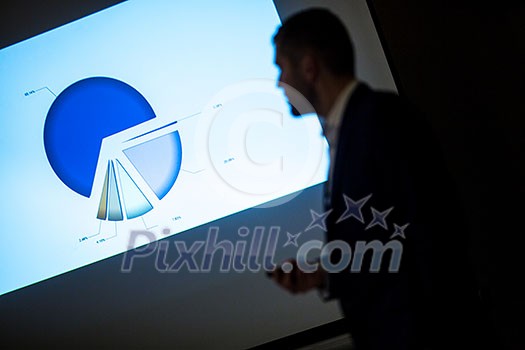 Speaker at a business workshop/conference giving a presentation - blurred silhouette against the projection screen Speaker at a business workshop/conference giving a presentation - blurred silhouette against the projection screen
