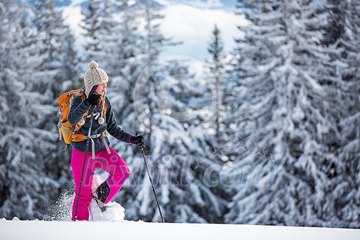 Pretty, young woman snowshoeing in high mountains, enjoying splendid winter weather with abundance of snow