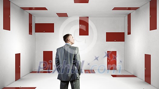 Businessman in room choosing one of plenty of doors Businessman in room choosing one of plenty of doors