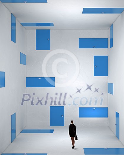 Businesswoman in room choosing one of plenty of doors Businesswoman in room choosing one of plenty of doors