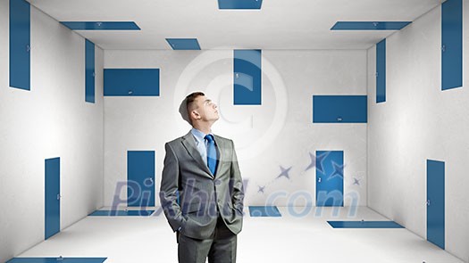 Businessman in room choosing one of plenty of doors Businessman in room choosing one of plenty of doors