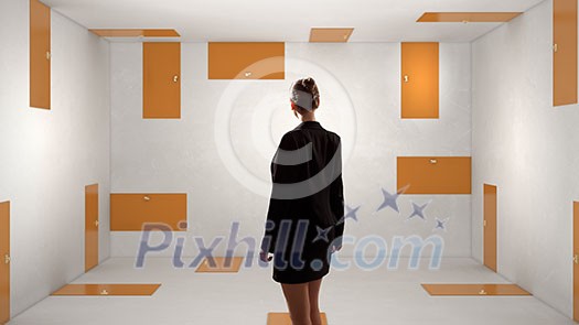 Businesswoman in room choosing one of plenty of doors Businesswoman in room choosing one of plenty of doors