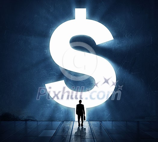 Back view of businessman standing in light of dollar sign Back view of businessman standing in light of dollar sign