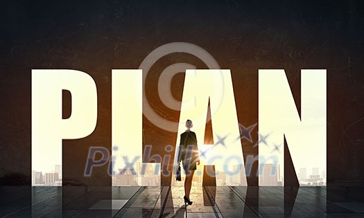 Back view of businesswoman standing in light word plan Back view of businesswoman standing in light word plan