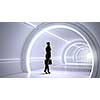 Businesswoman standing in virtual designed tunnel room