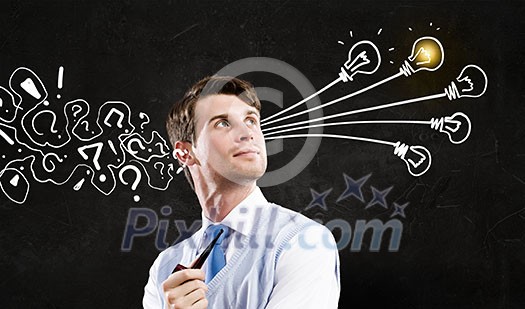 Thoughtful businessman with arrows and thoughts coming out of his head Thoughtful businessman with arrows and thoughts coming out of his head