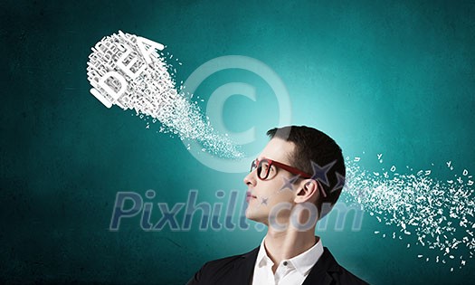 Thoughtful businessman and ideas coming out of his head Thoughtful businessman and ideas coming out of his head