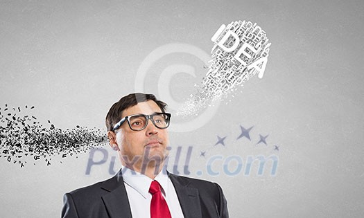Thoughtful adult businessman with arrows and thoughts coming out of his head Thoughtful adult businessman with arrows and thoughts coming out of his head