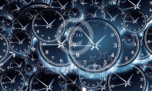 Many round wall clocks on concrete wall Many round wall clocks on concrete wall